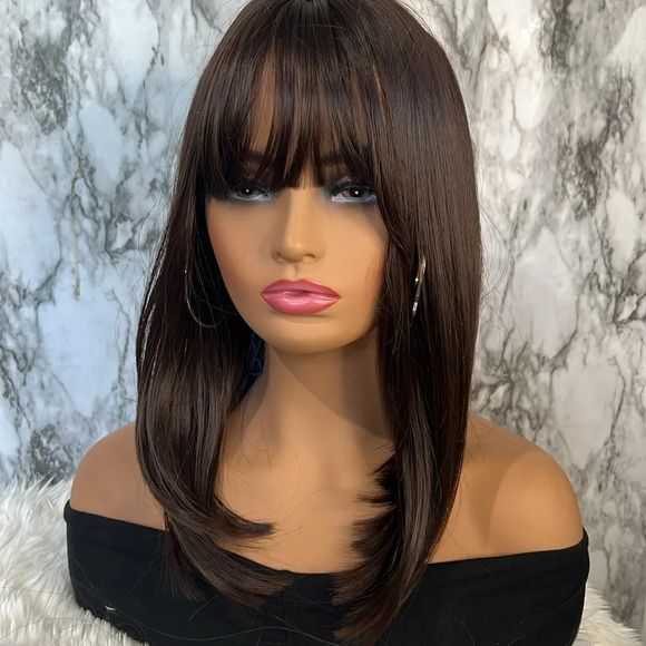 Dark Chocolate Brown Short Wig With Bangs - Picture 5 of 8